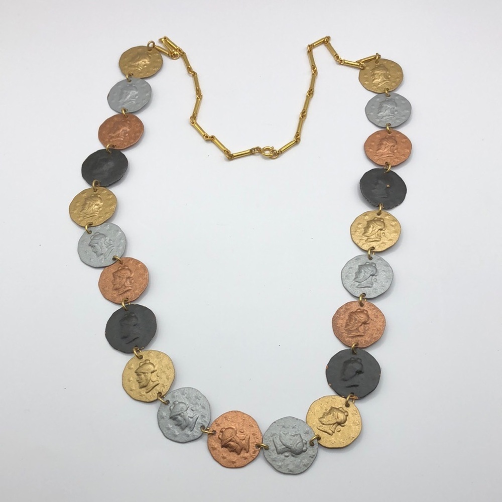 Vintage mixed metal Greek Roman coin necklace fun boho statement long.